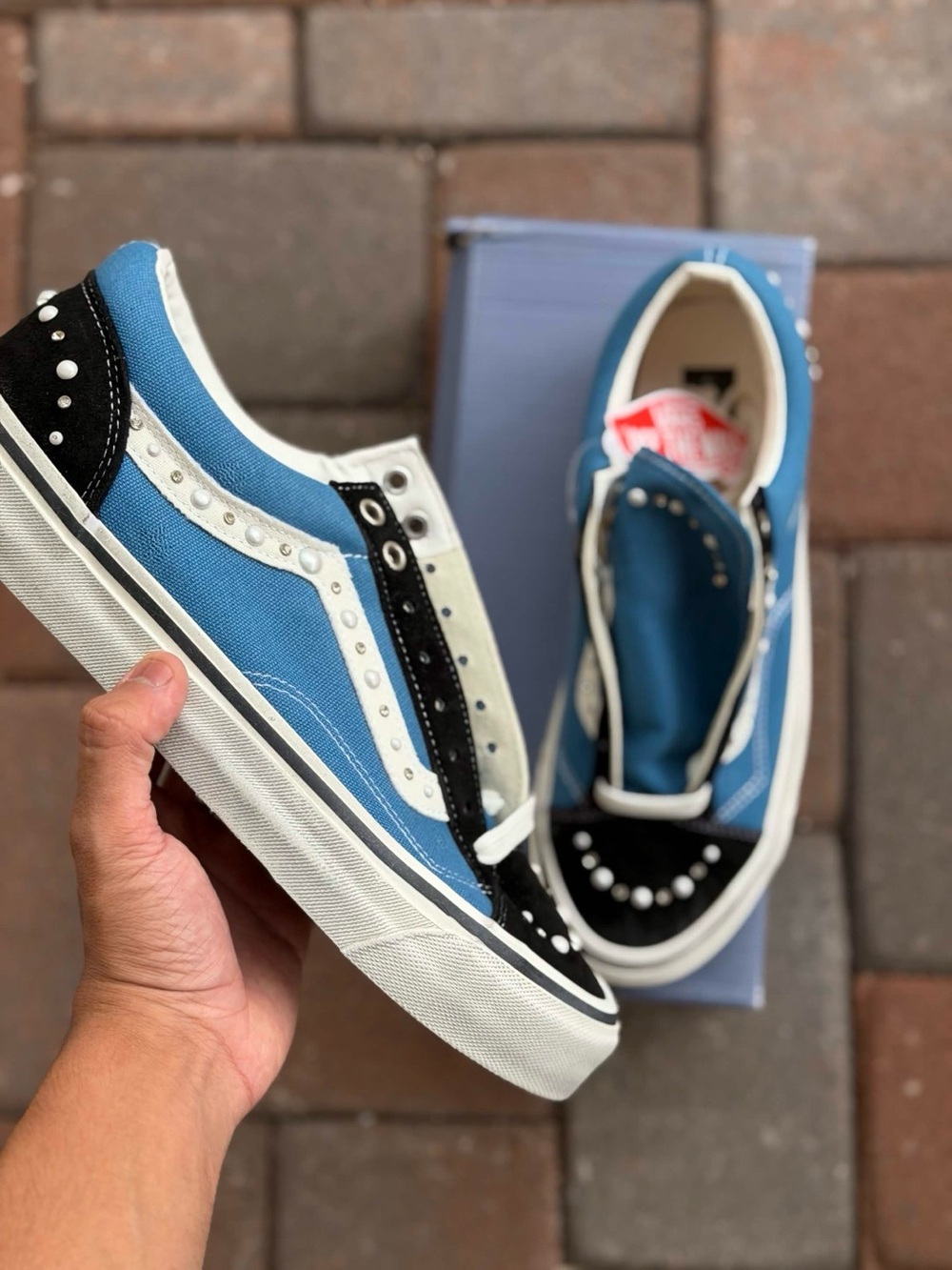 Vans Blue, Black & White Low-Top Sneakers with Stud Accents